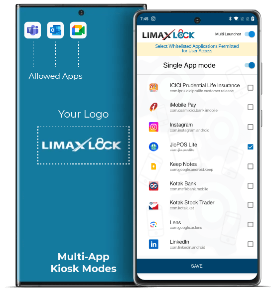 LimaxLock Android kiosk mode interface showing single-app selection and a multi-app launcher with approved applications.