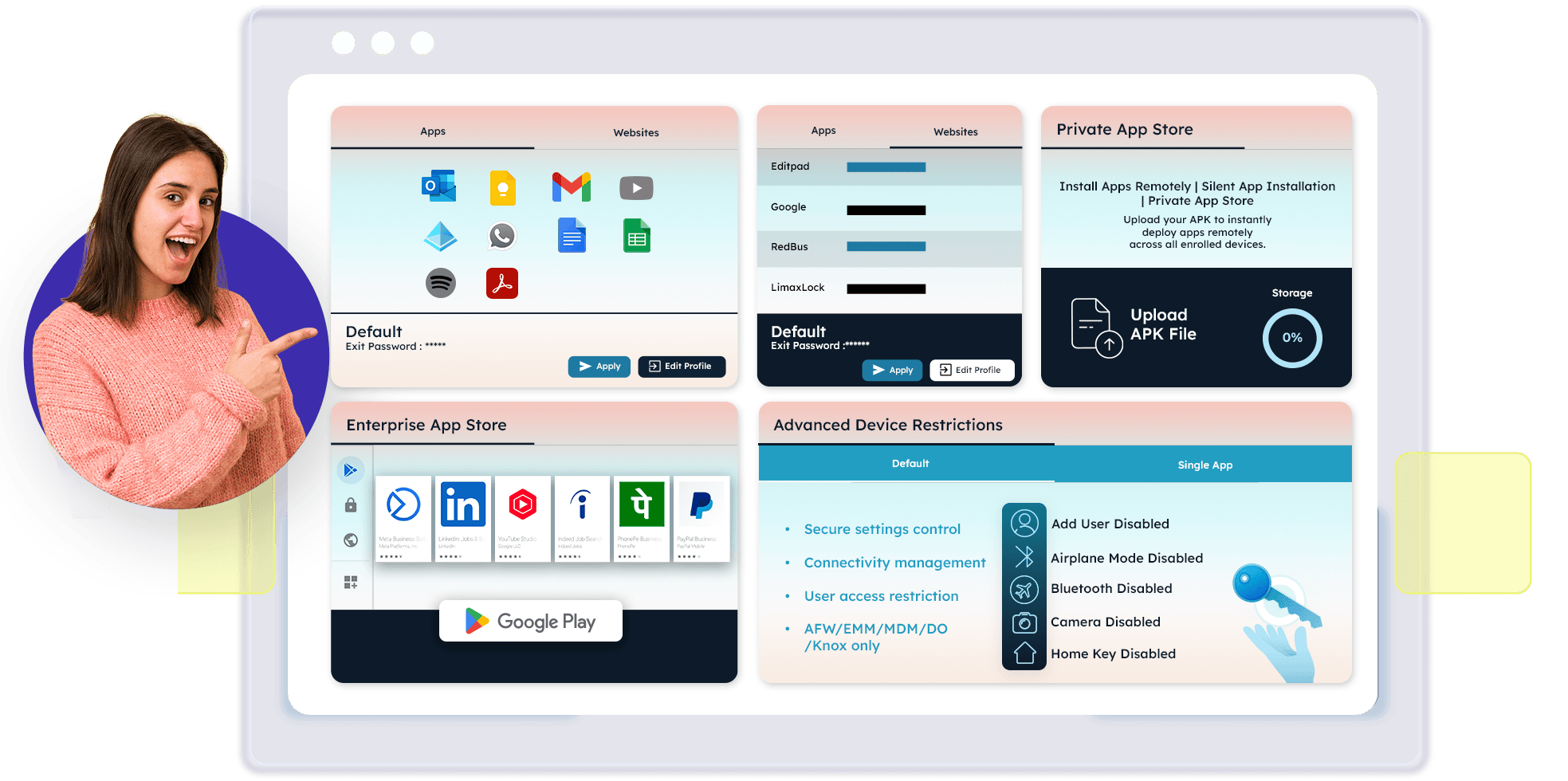 LimaxLock Android MDM console showing app deployment, kiosk profiles and device restrictions.