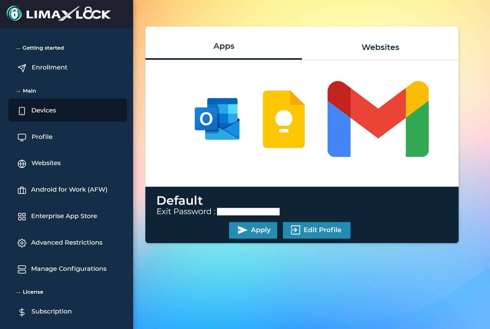 The LimaxLock app-and-website profile editor showing the approved apps for a device profile with an exit password.