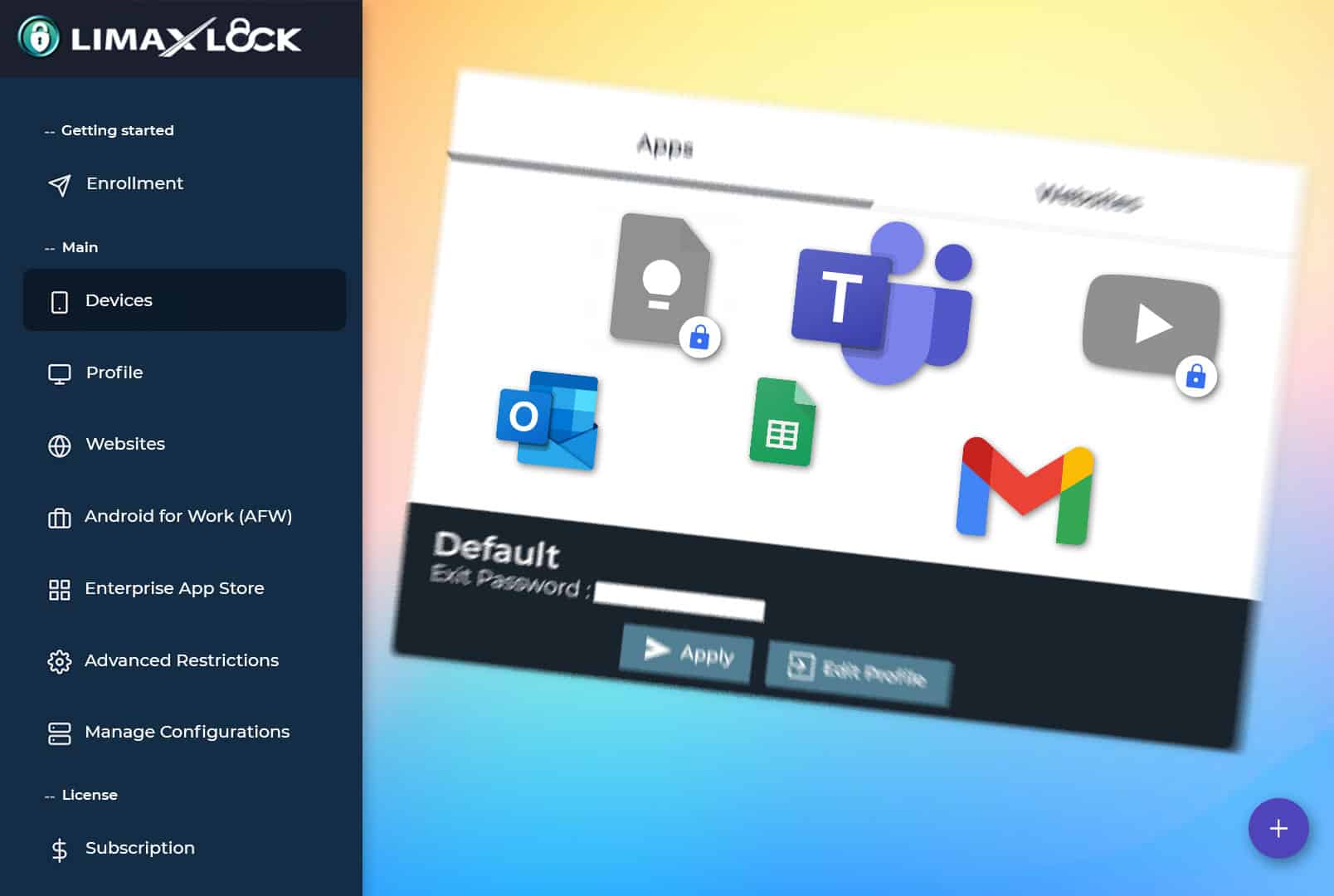 The LimaxLock profile view with blocked apps marked by lock badges, showing enforced app restrictions.