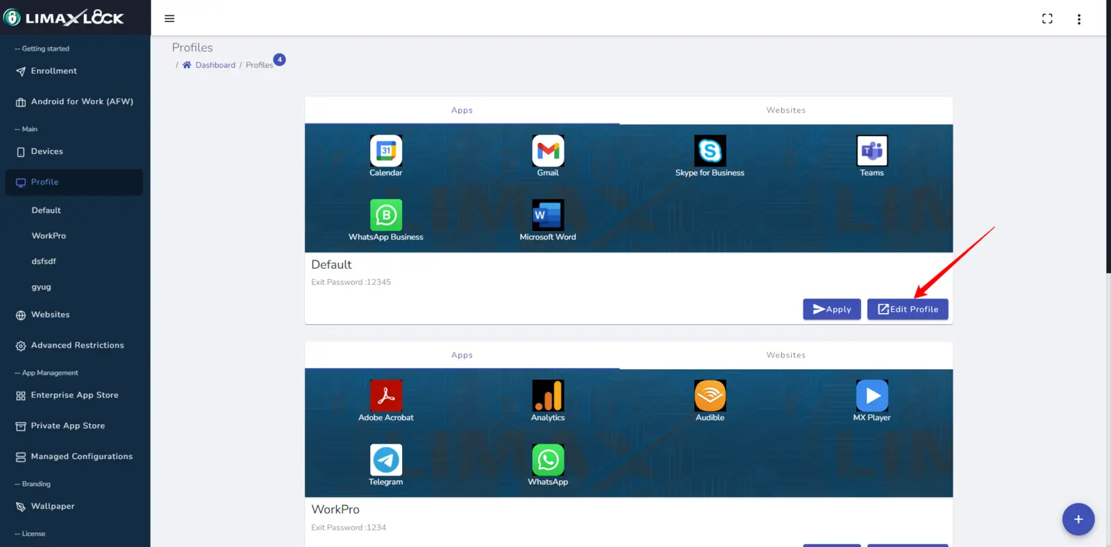Editing a device profile in LimaxLock to apply a whitelisted website list