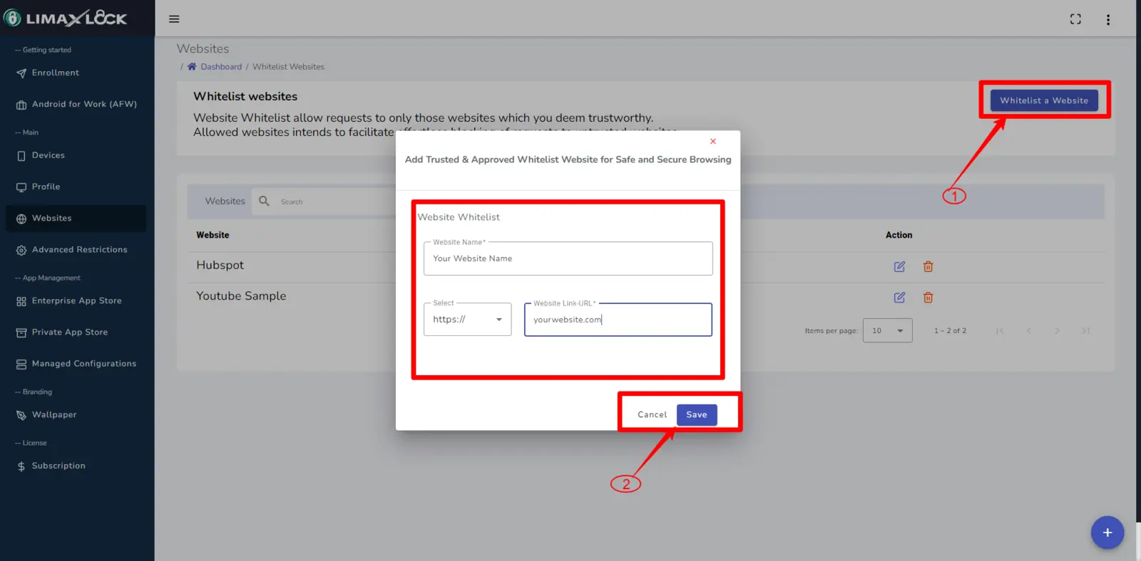 LimaxLock Websites section for adding whitelisted URLs to a kiosk browser profile